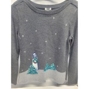 Talbots Petite Gray Lighthouse Christmas Sweater
